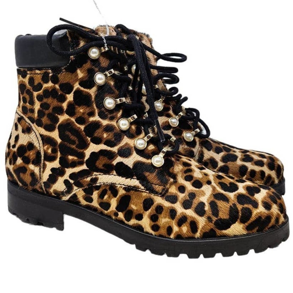 NEW Jack Rogers 6 Peyton Pearl Bootie Leopard Print Calf Hair Lace Up Combat